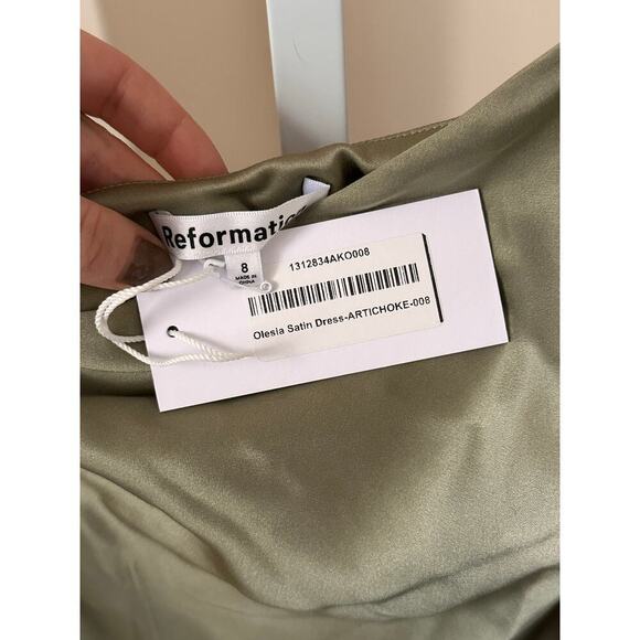 Reformation Olesia Dress Artichoke Satin Green One Shoulder size 8 - Picture 6 of 6
